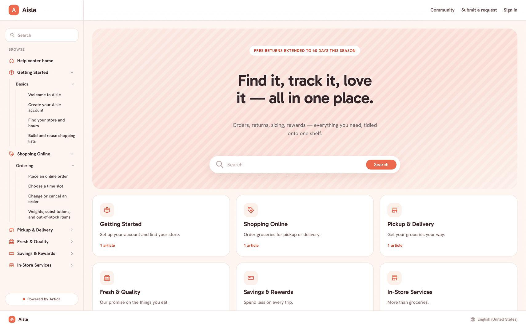 Aisle help center theme, desktop home page