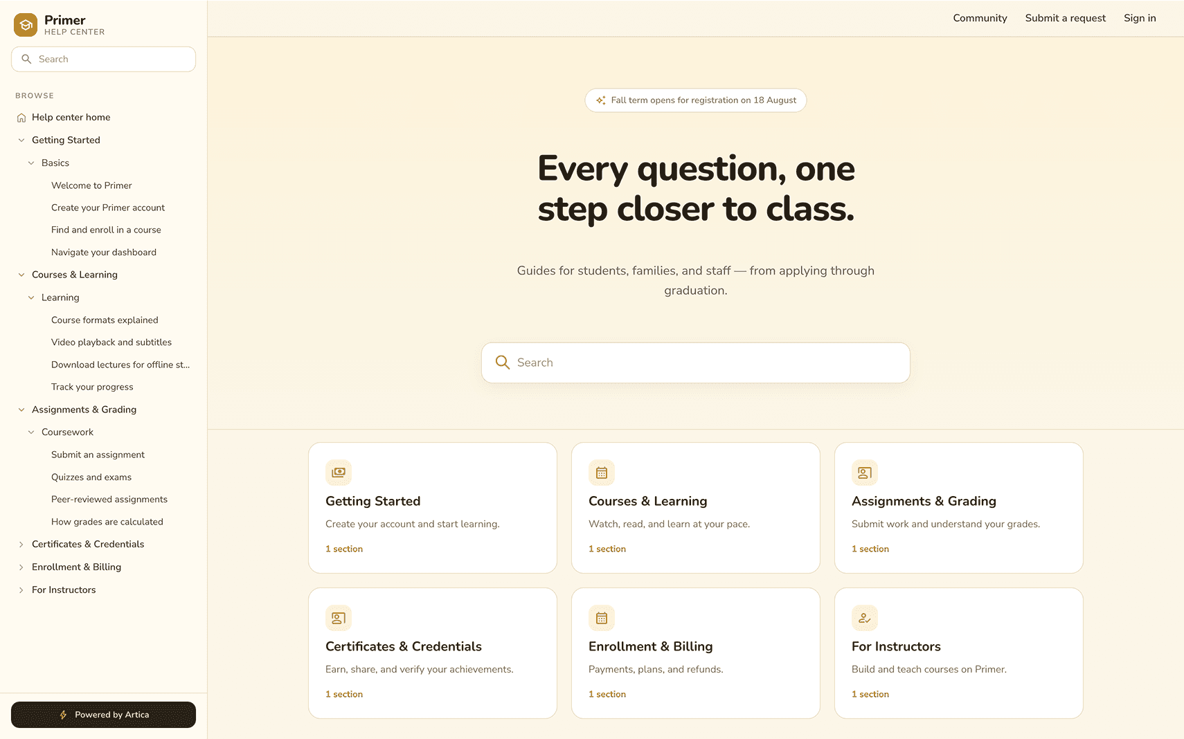 Primer help center theme, desktop home page